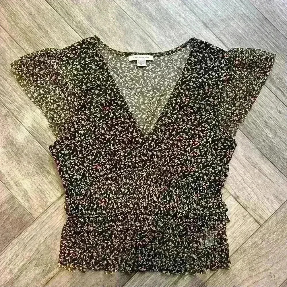 American Eagle Outfitters Women's Black Pink Flowers Ruffles Sheer Top XS - Picture 4 of 6